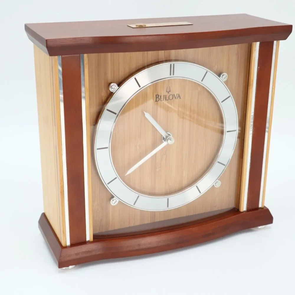 Bulova Empire Bamboo Mantel Clock Quartz 9.5 x 10 Inches Brown Silver